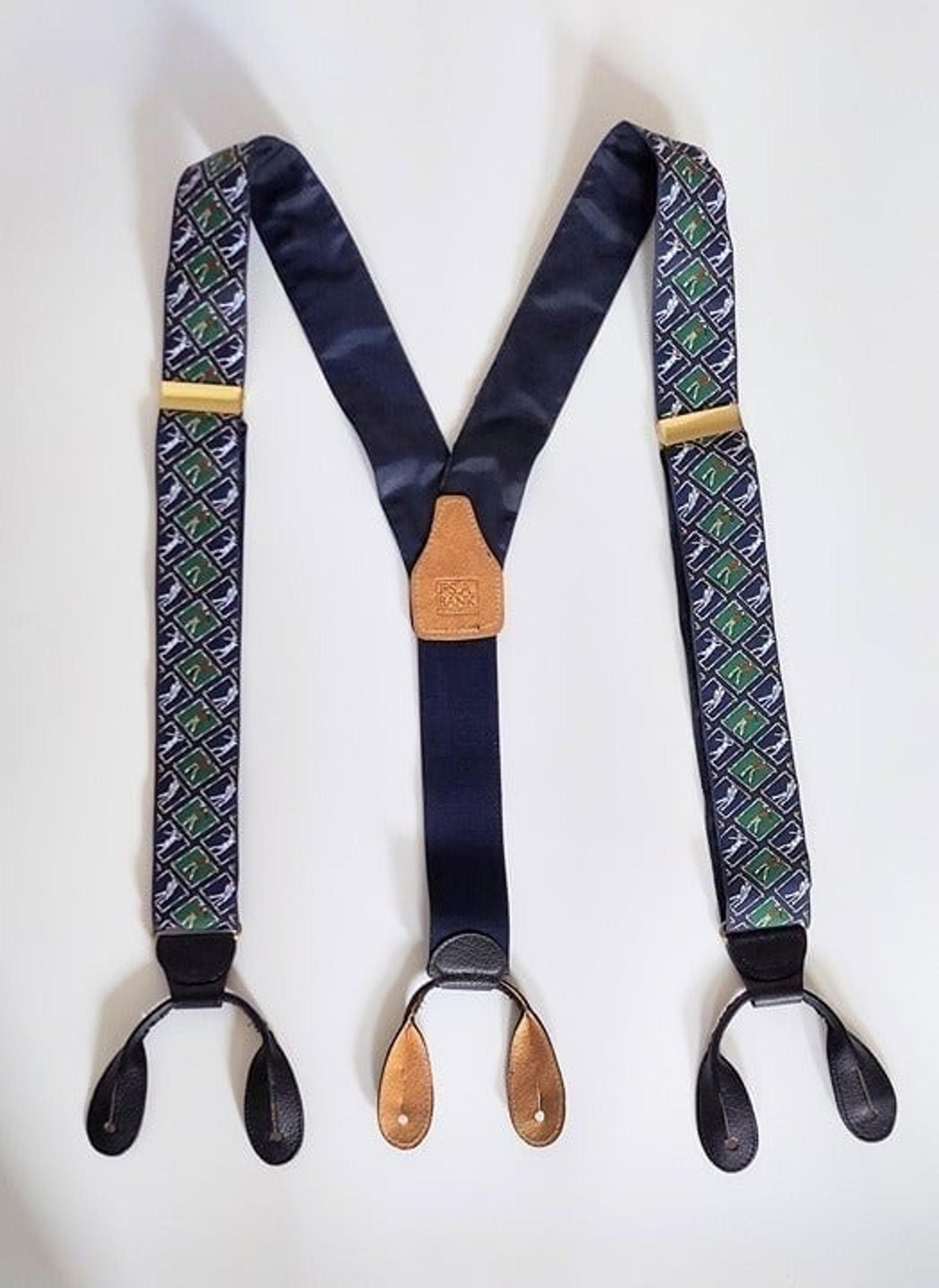 Joseph A Bank Golfer Print Blue Green Silk Button Brace Adjustable Suspenders