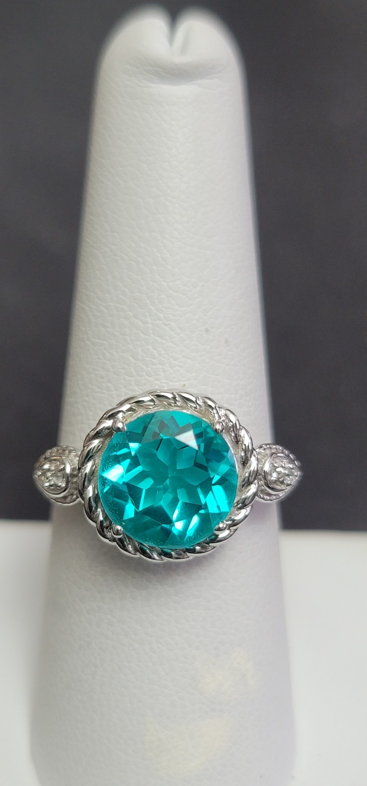R650 Paraiba Apatite Solitaire CZ. Size 8.