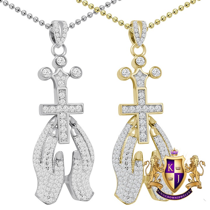 Genuine Sterling Silver 14K Gold Over Praying Hands Cross Pendant Charm + Chain