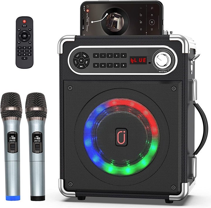 Bluetooth Speaker with Two Wireless Microphones, Outdoor Speaker with Subwoofer