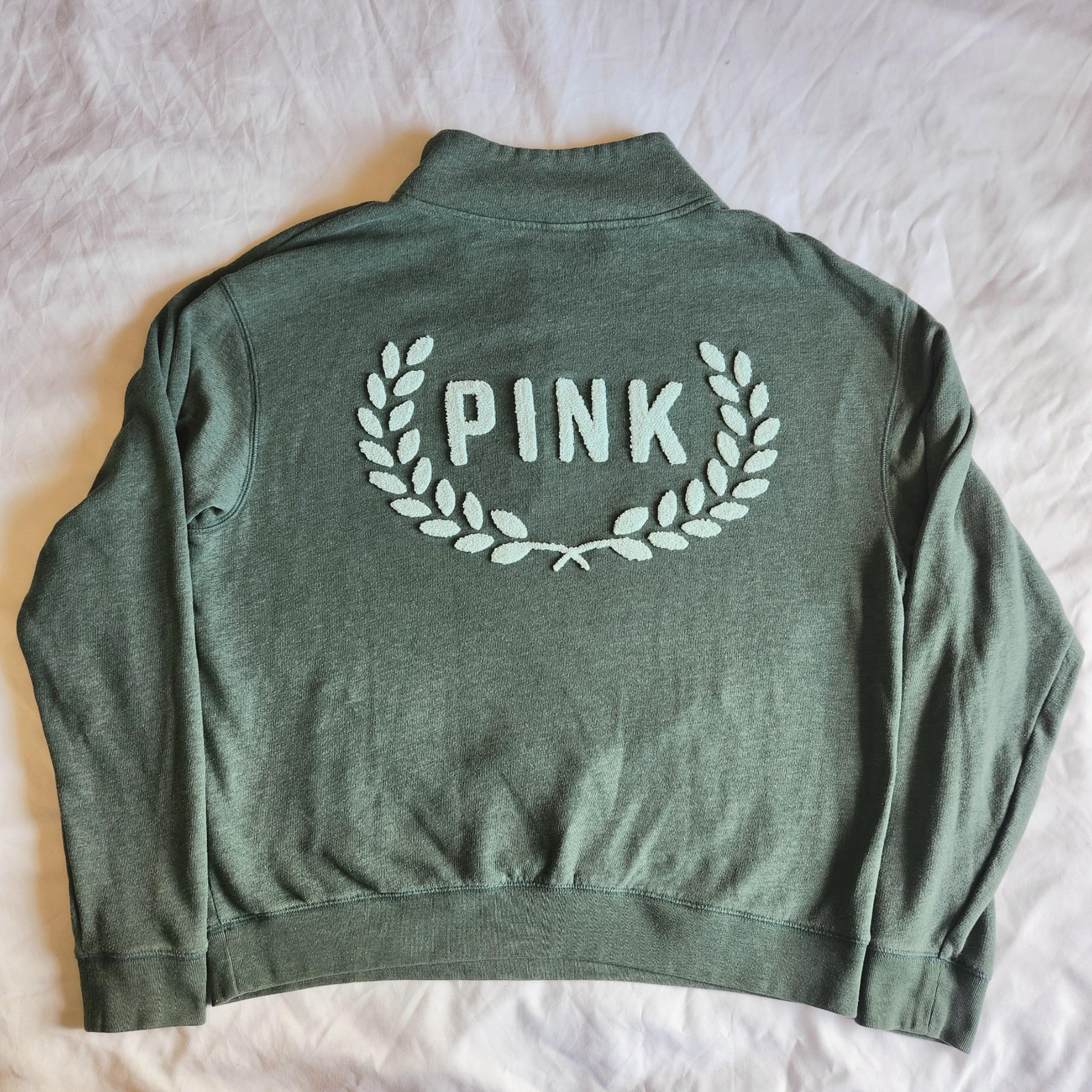 Victoria's Secret PINK Women's LG 1/4 Zip Green Pullover Sweater Kangaroo Pocket