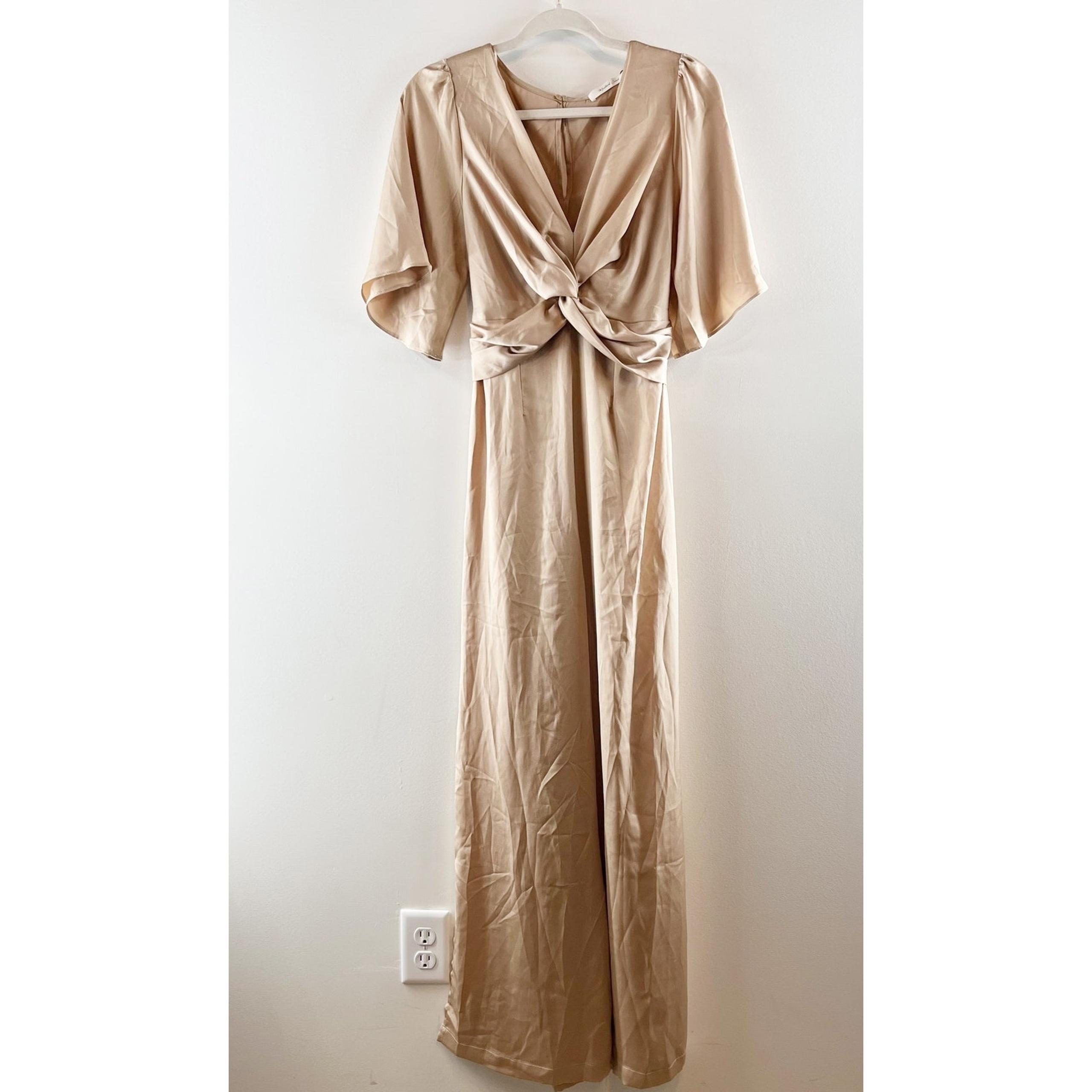 Mustard Seed Short Sleeve Satin Wide Leg Jumpsuit Champagne Tan Beige Small