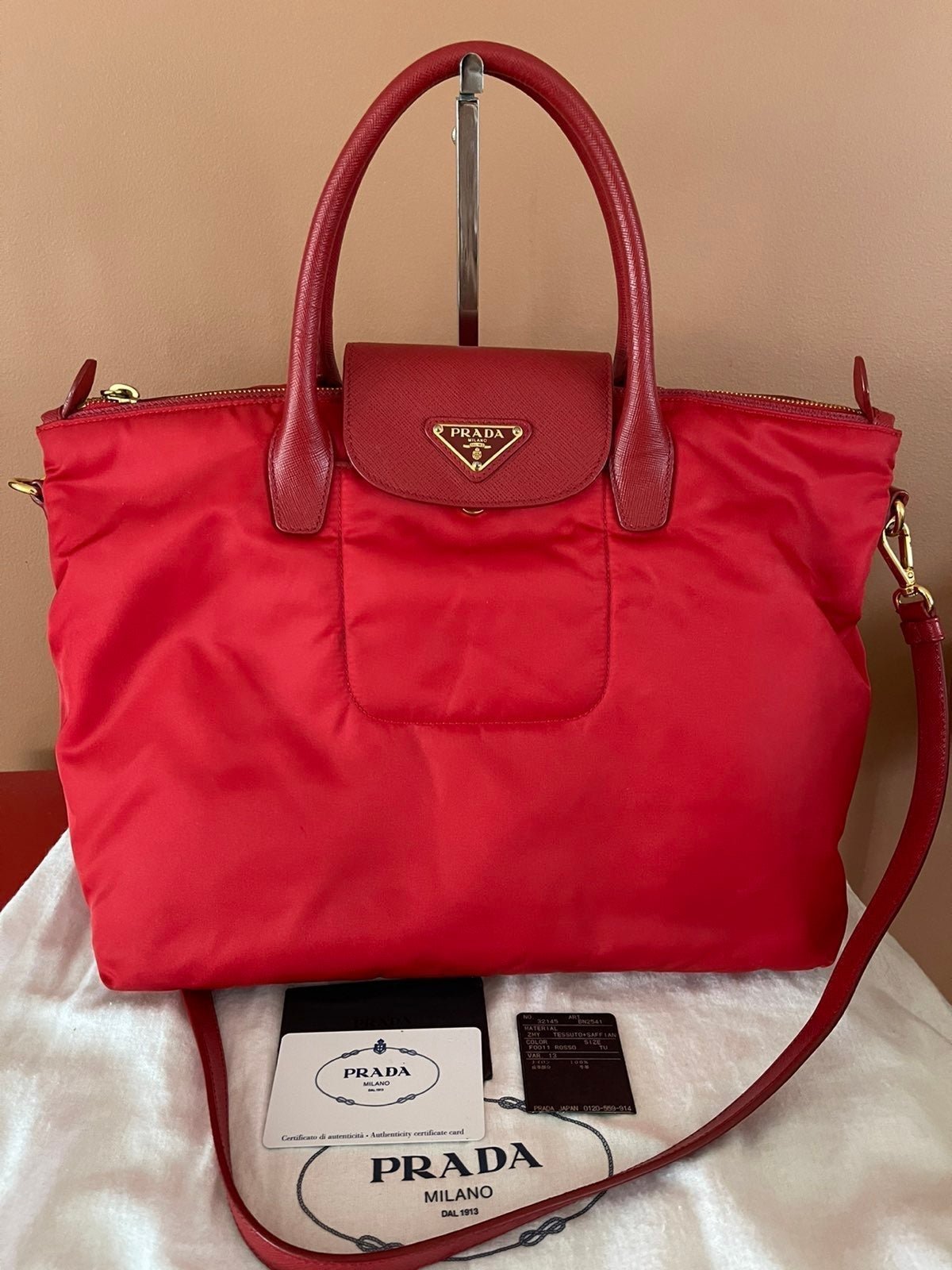 Authentic Prada Red Tessuto Nylon Saffiano Tote Crossbody Bag BN2541 Preloved