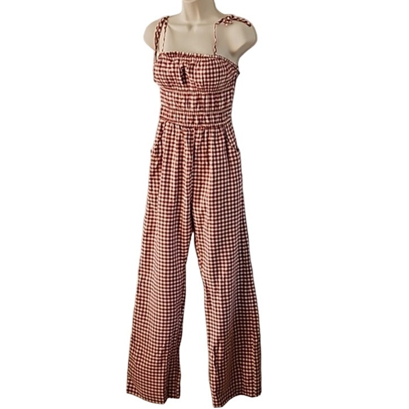 Sincerely Jules Women’s Red Cream Gingham Jumpsuit Size XS Spaghetti Straps