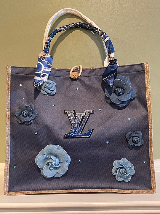 Charming Canvas & Denim Tote with Flower Accents & Vinyl Detail