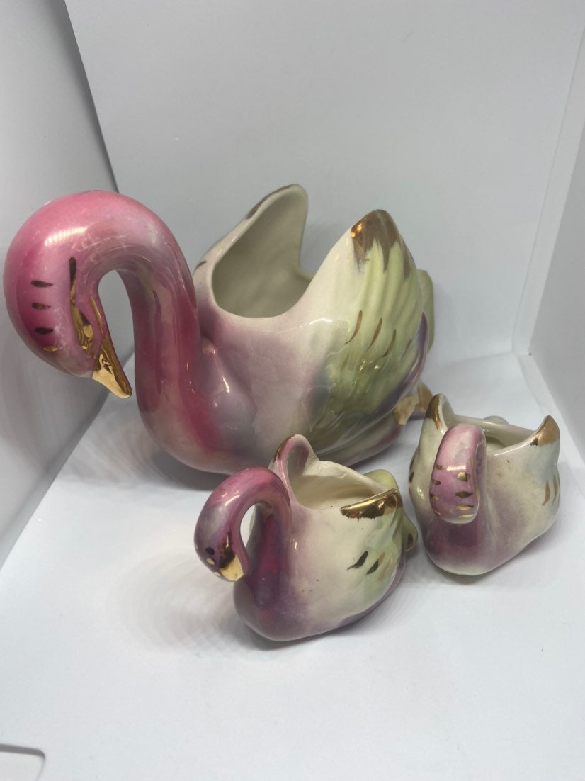 3MCM Pink Lusterware Swan Planters
