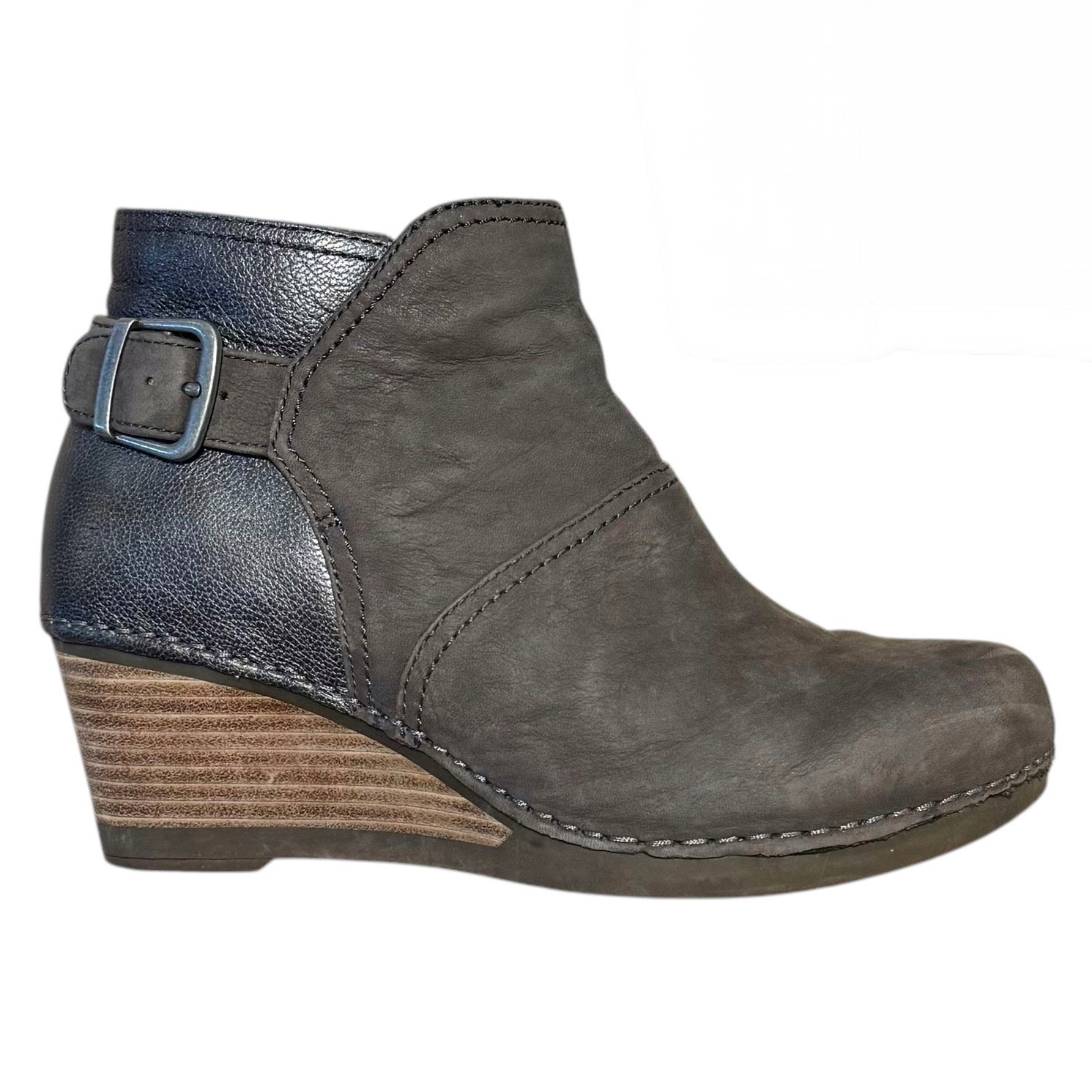 Dansko Shirley Wedge Bootie Minimalist Quiet Luxury Suede Leather Gray 37 6.5 7