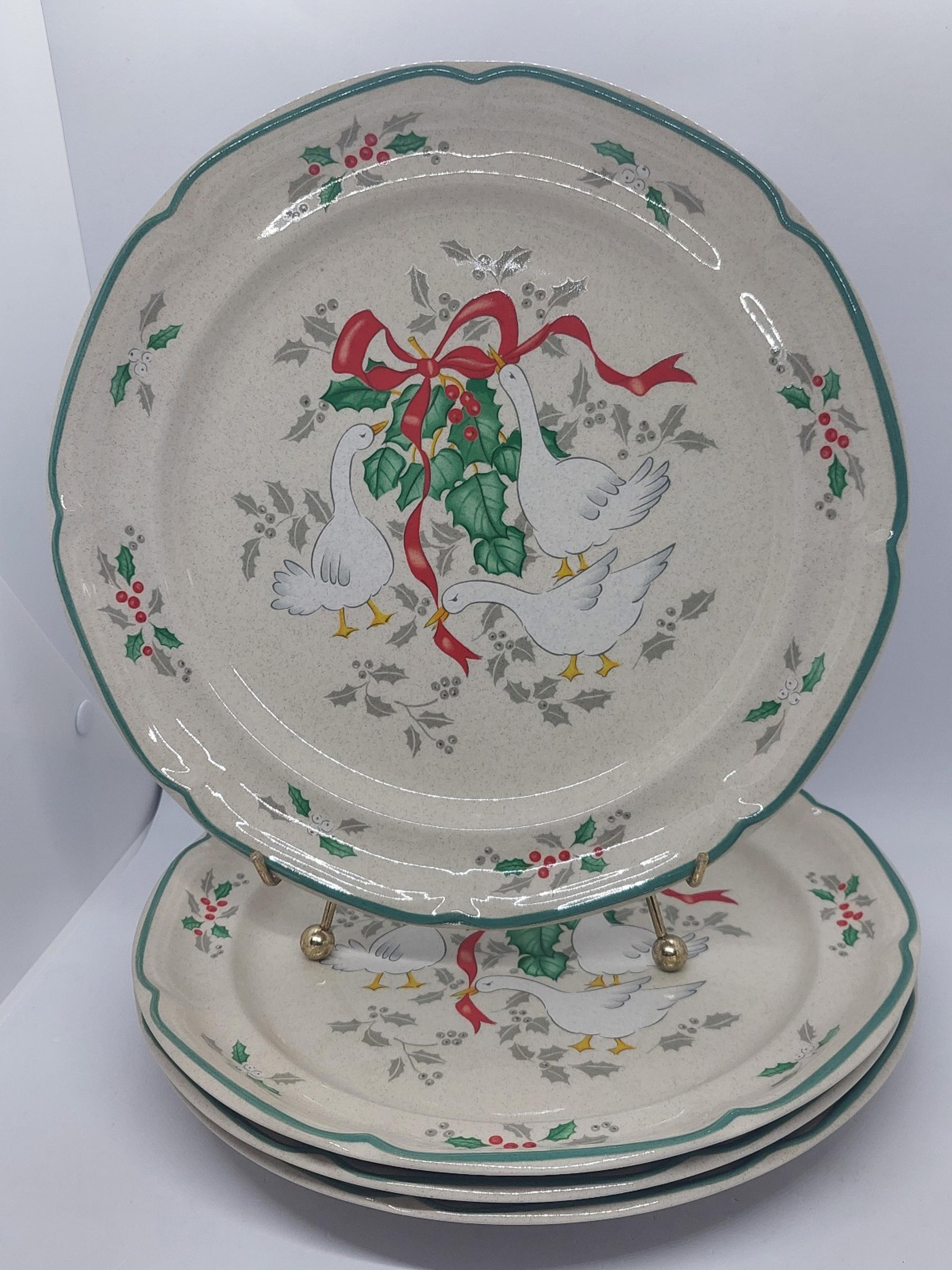 Vtg International Marmalade Christmas Geese Bows 10.75" Dinner Plate Set of 4