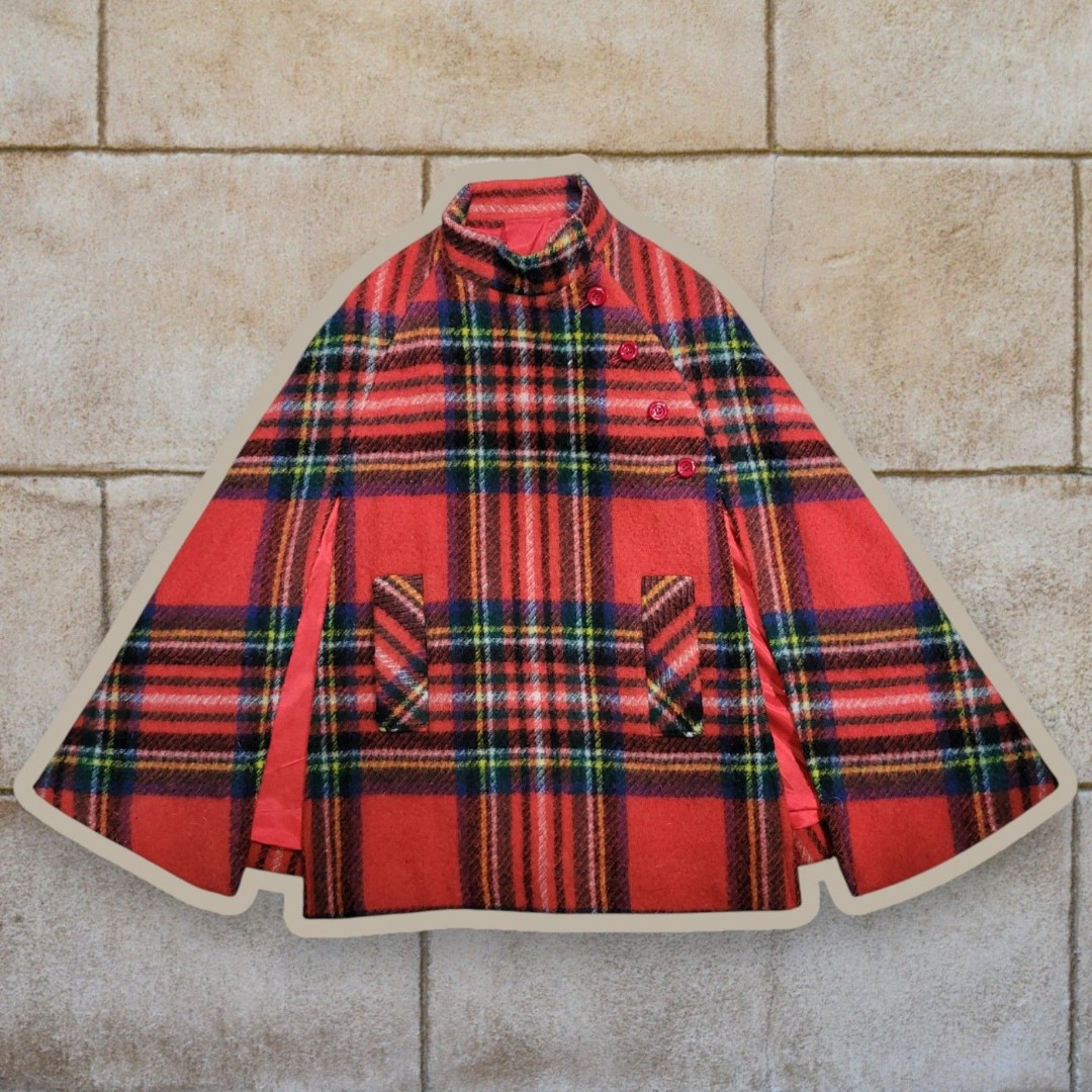Vintage Jimmy Hourihan Red Plaid Wool Cape Women OSFA EUC Made in Ireland
