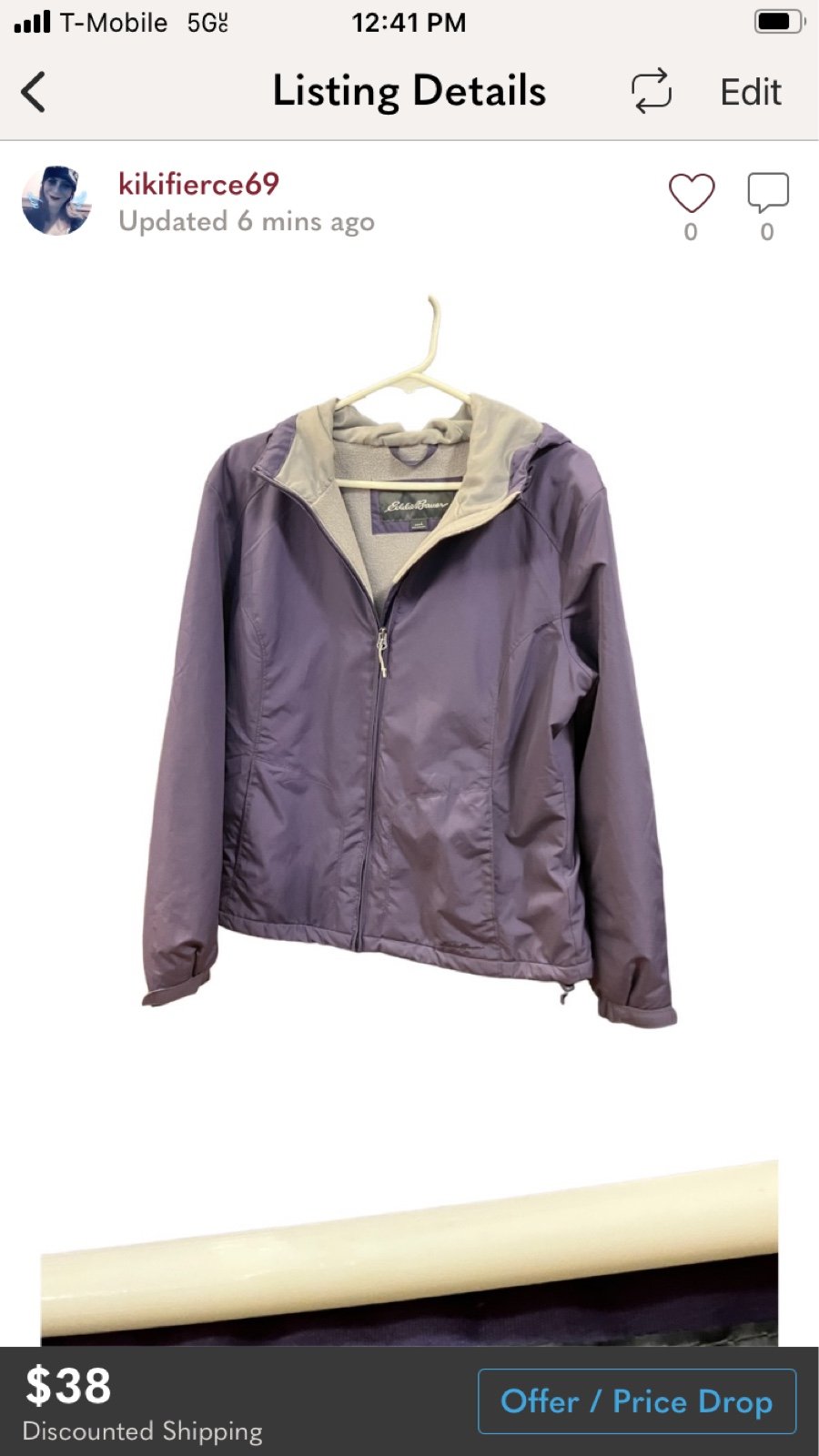 Eddie Bauer Size Large lavender & grey lined hooded pocketed polyester raincoat
