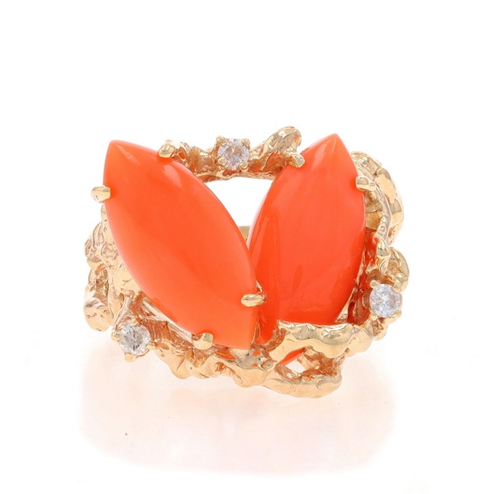 Yellow Gold Coral & Diamond Ring - 14k Marquise Cabochon Two-Stone V3746