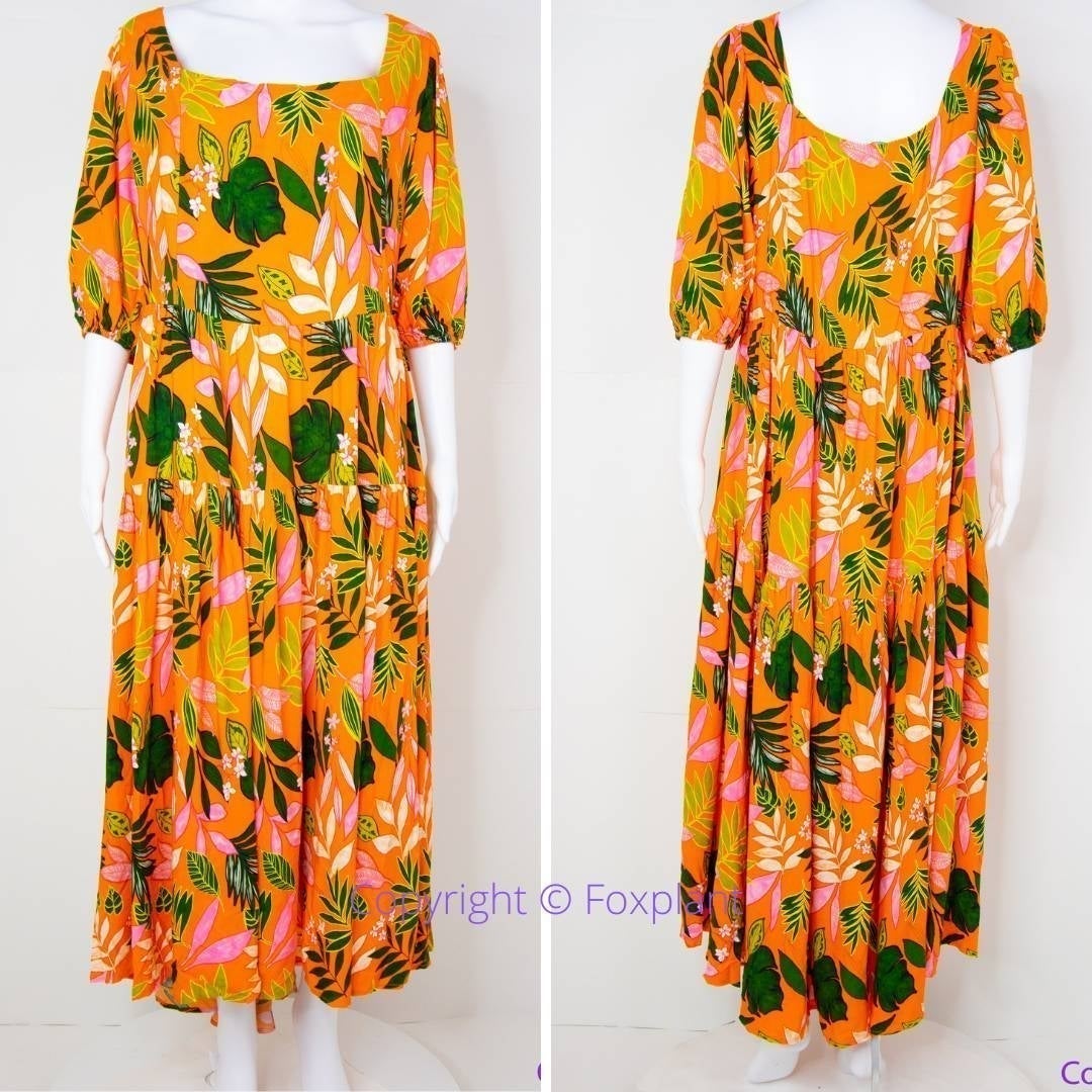 NEW sales Eloquii Square Neck Midi Dress orange floral green leaves tiered, 18