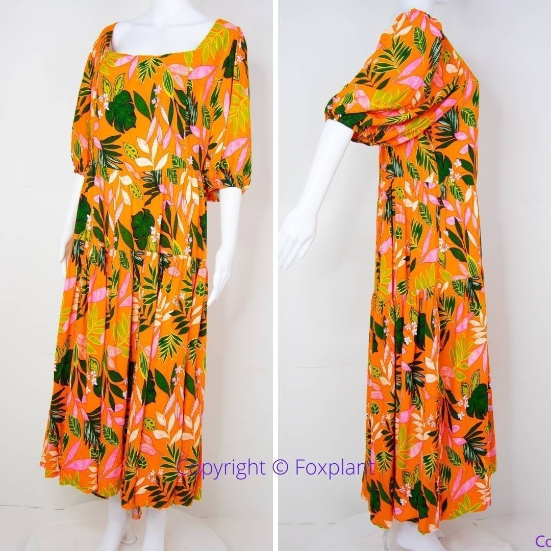 NEW sales Eloquii Square Neck Midi Dress orange floral green leaves tiered, 18