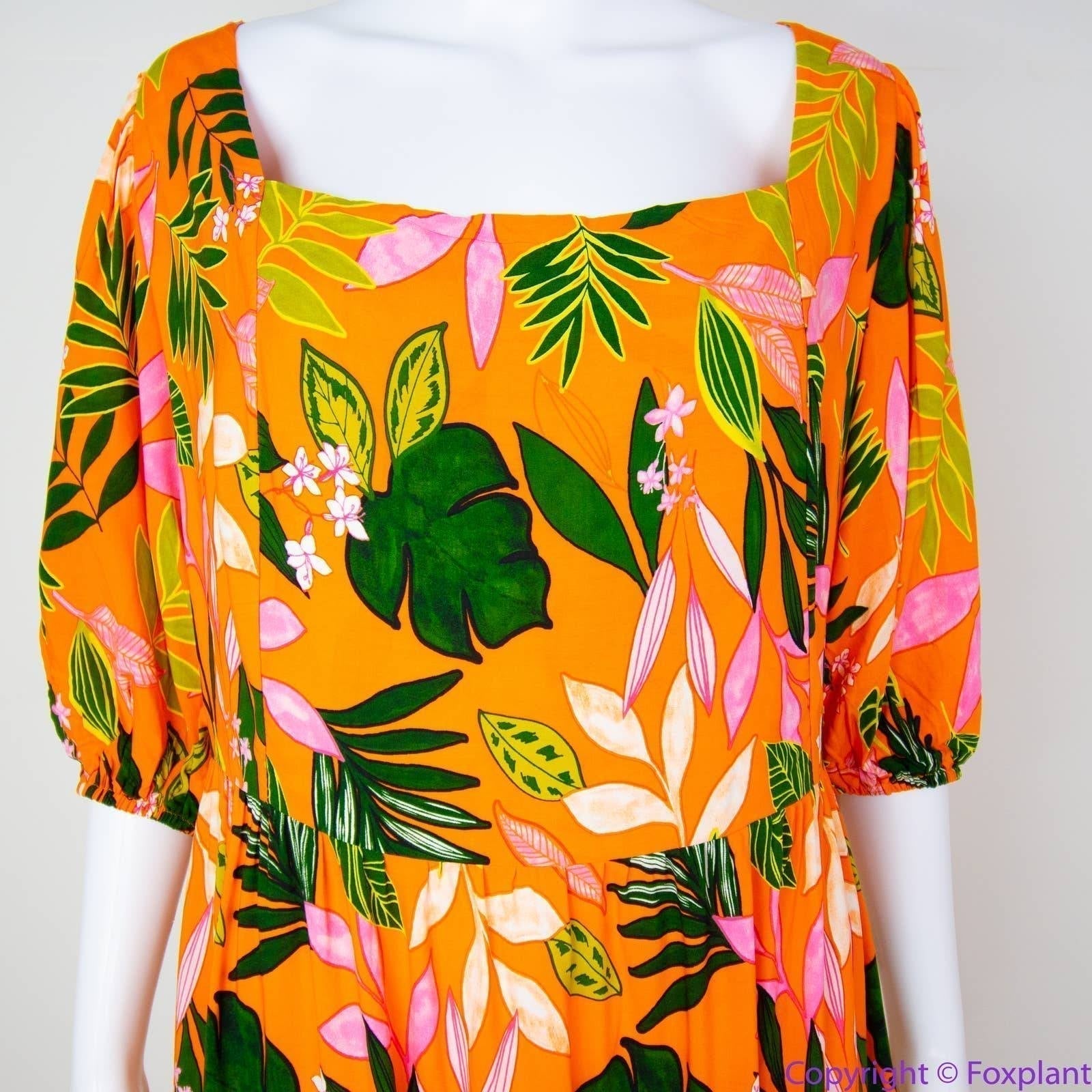 NEW sales Eloquii Square Neck Midi Dress orange floral green leaves tiered, 18
