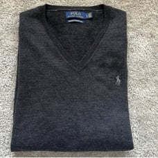 POLO RALPH LAUREN charcoal grey v neck sweater NWOT washable merino wool size L