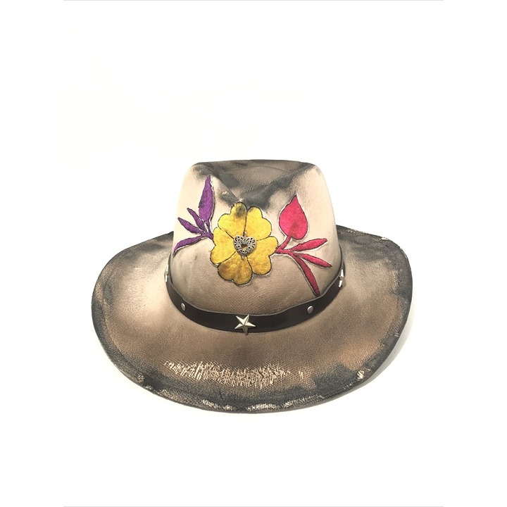 Tazzle’s 1of1 Womens Custom Western/Fedora Hat-White W/ Colorful Flowers, Stars