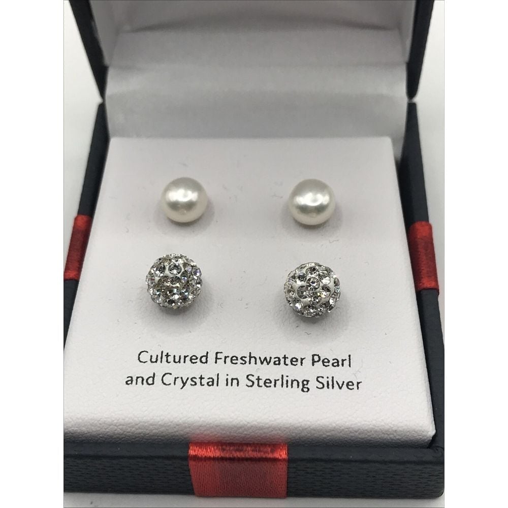 sterling silver Cultured Pearls Crystal Stud EARRINGS Set gift Box MSRP 49 NWT