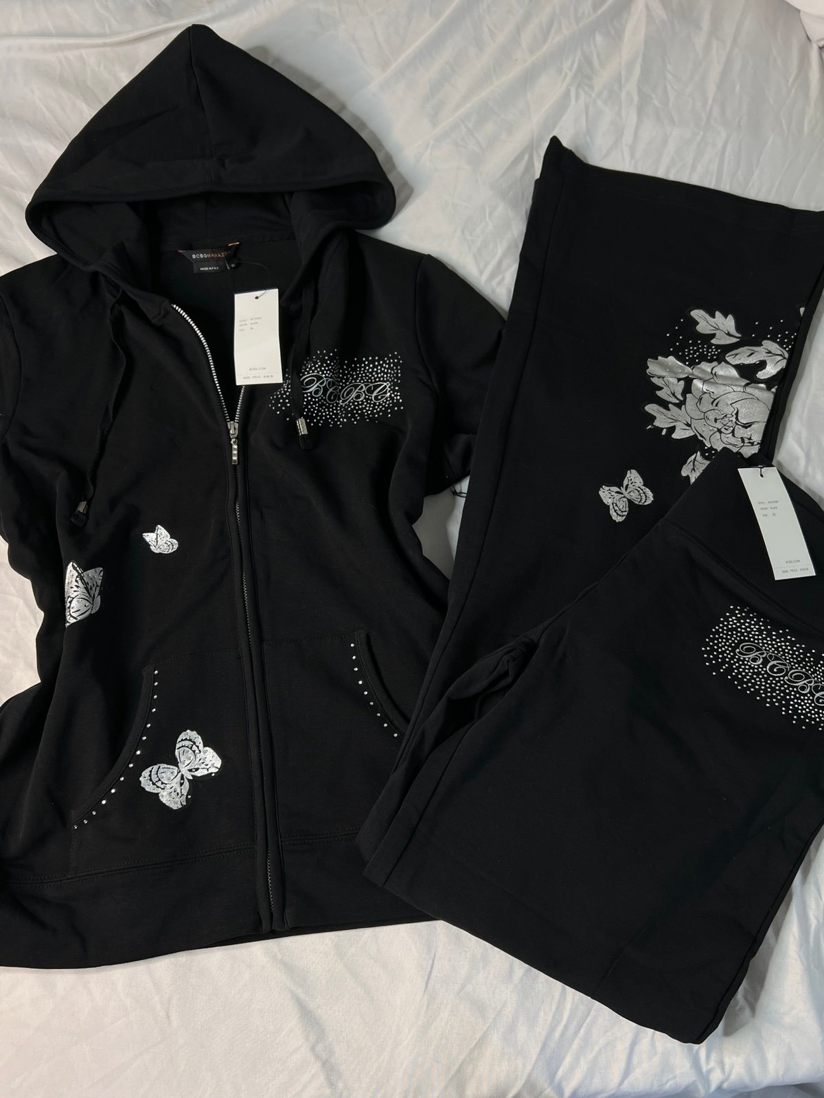 NEW Vintage Black BCBG tracksuit with rhinestone details + white designs