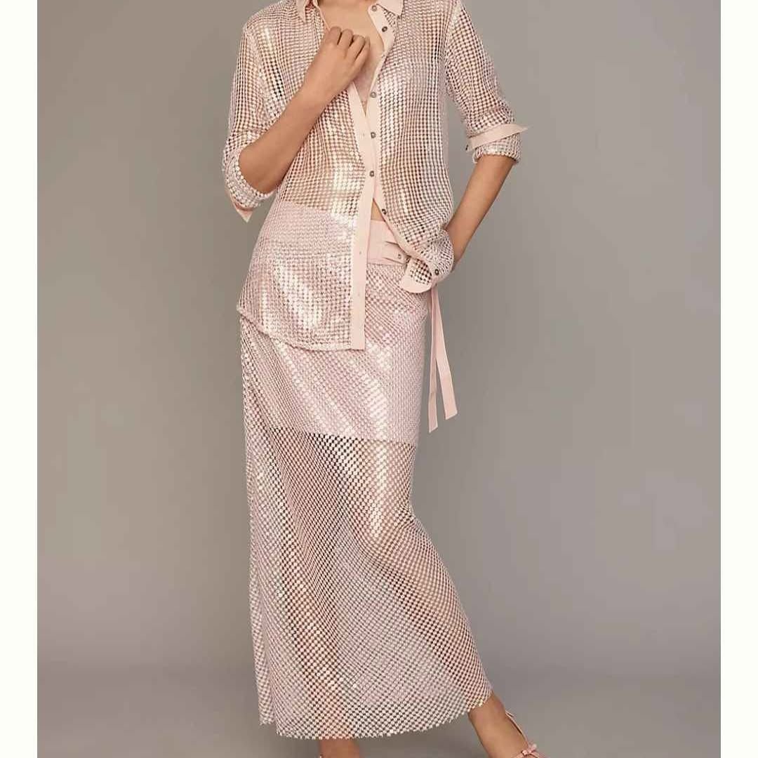 New Anthropologie Pilcro Chainmail Pale Pink Column Mesh Skirt