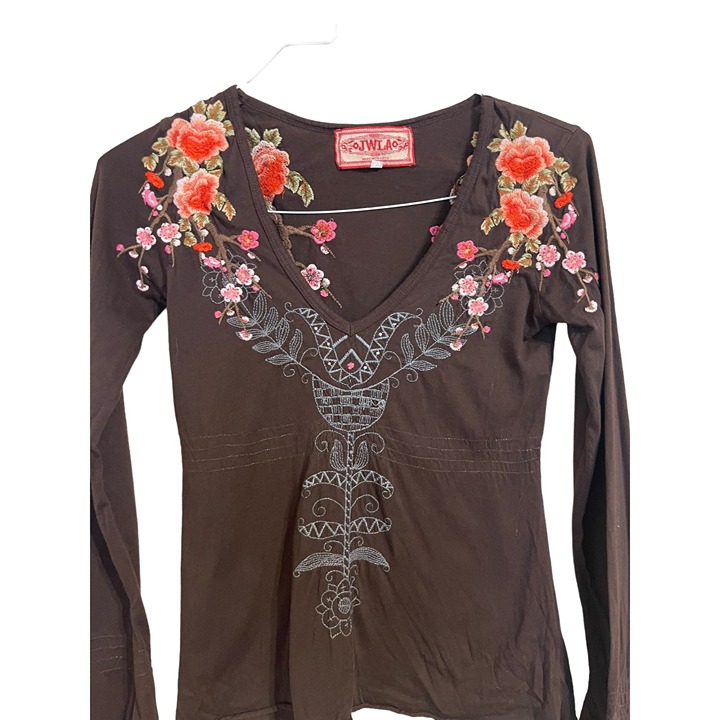 JOHNNY WAS JWLA Brown Tunic Long Sleeve Embroided Shirt Size XS