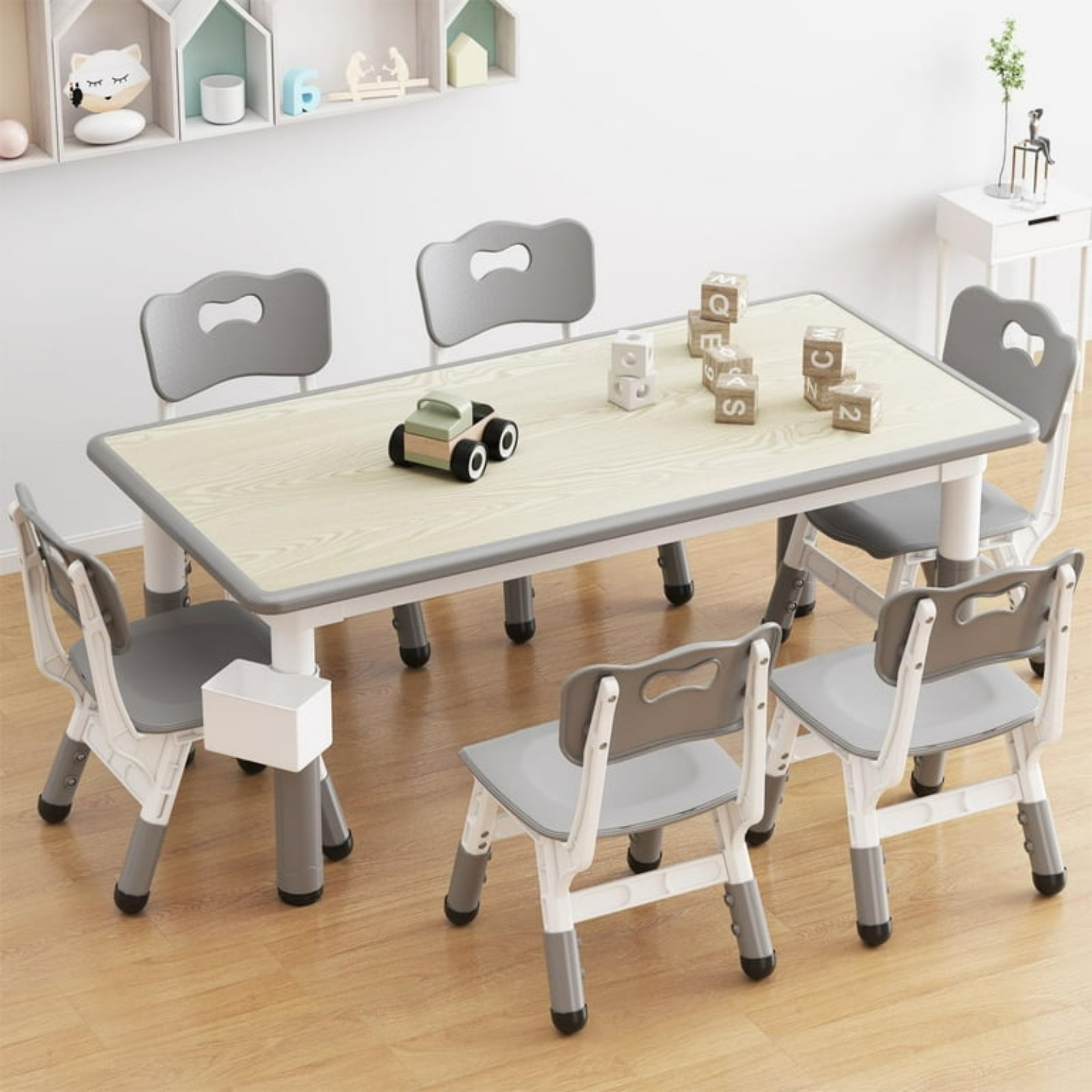 Kids Table and 6 Chairs Set with Storage Box, Height Adjustable Toddler Table an