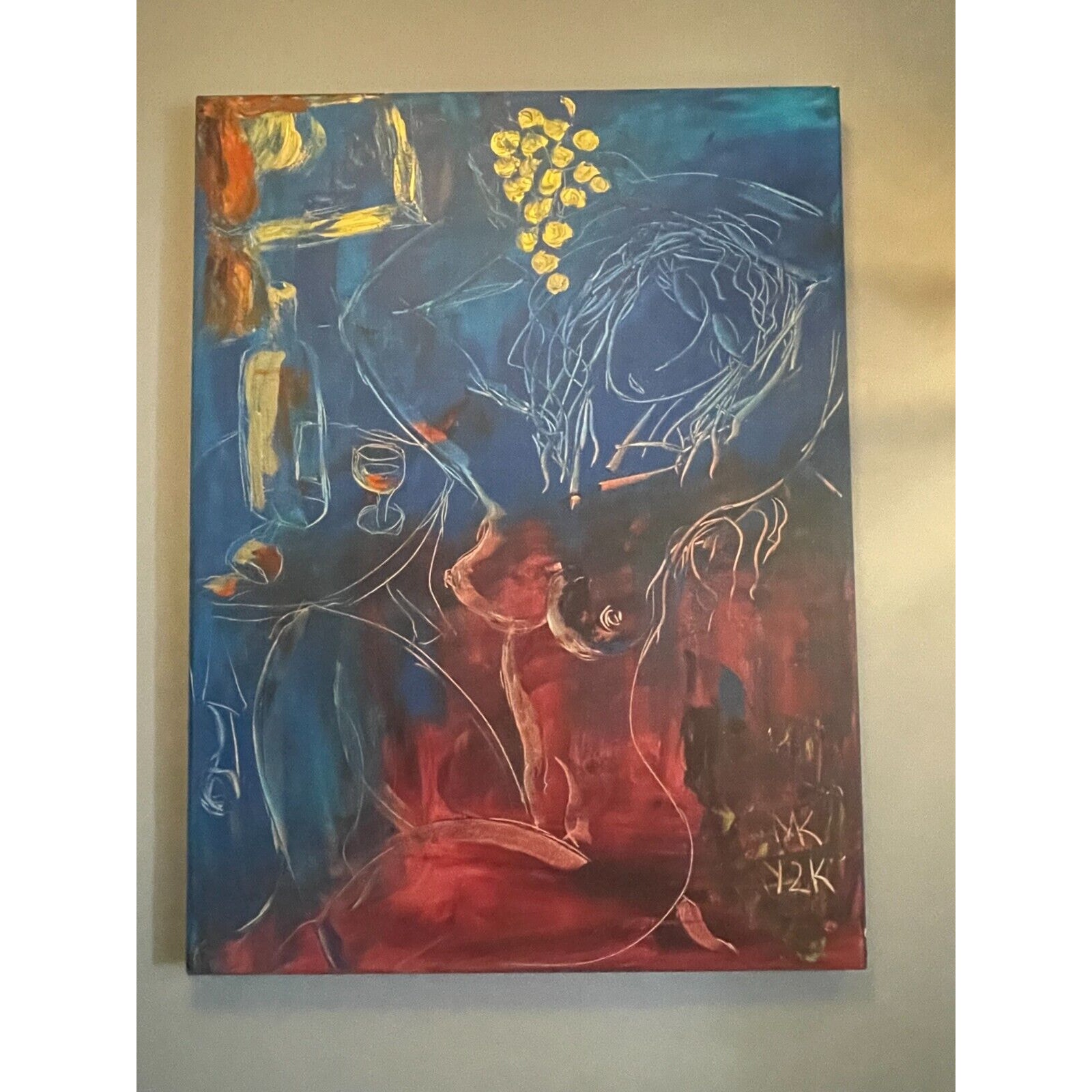 Large Oil Painting, Abstract Nude, Large, In Vino Veritas Y2K GREAT!