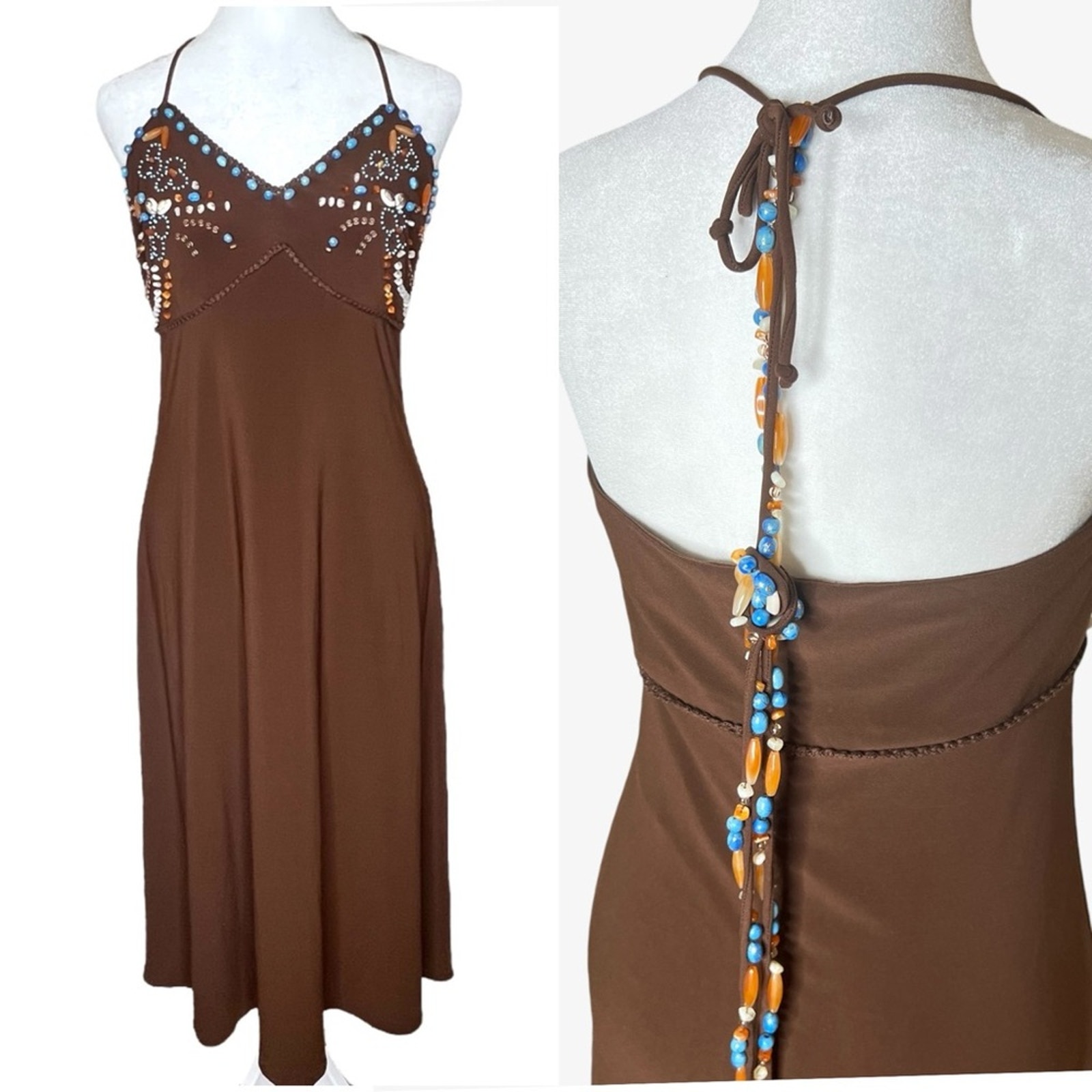 VTG Linea Domani Beaded Halter Dress Womens 8 Southwestern Embellished Festival