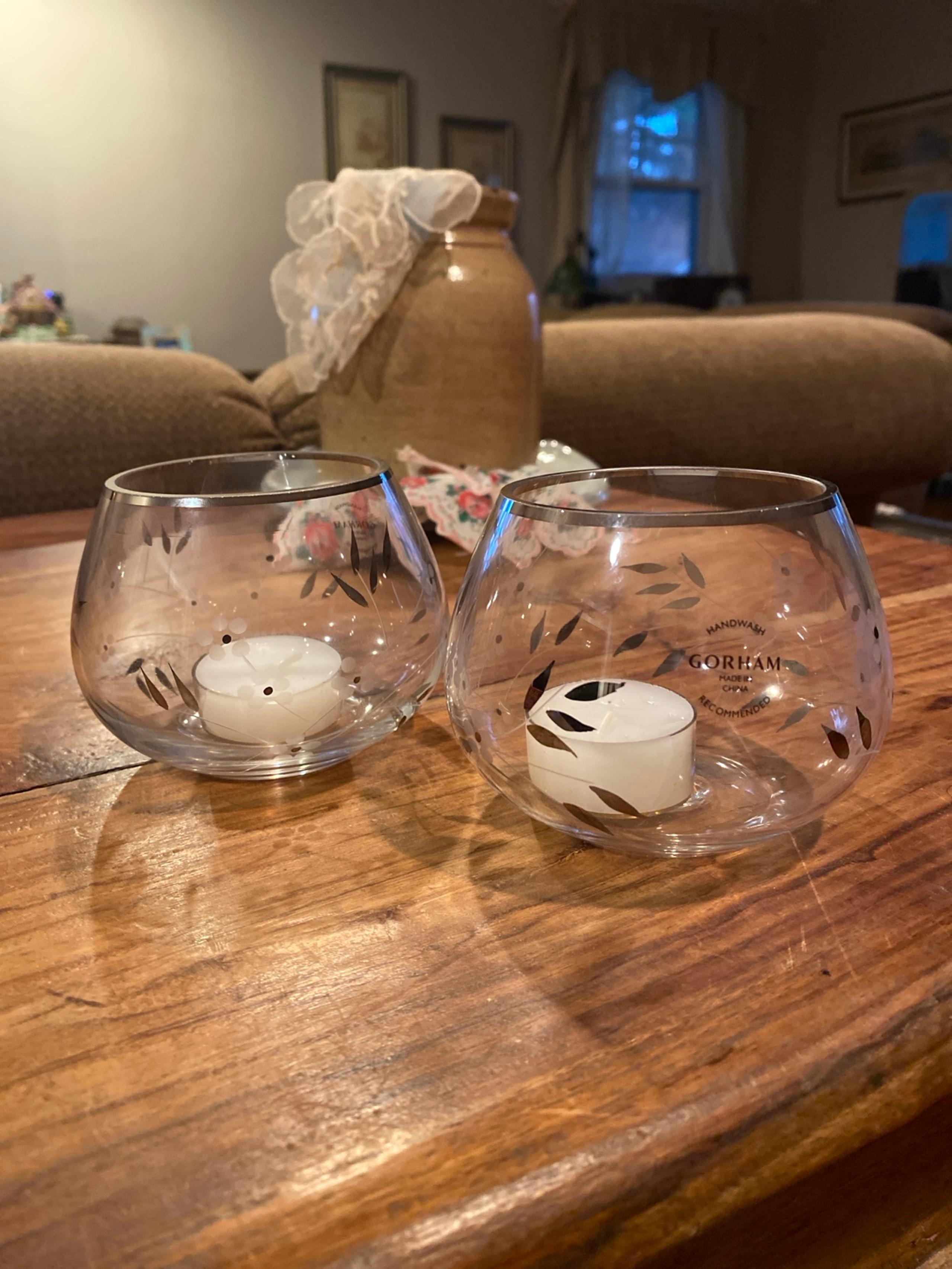 Gorham tealight candle holders clear glass silver edge rim fowrrs leaves