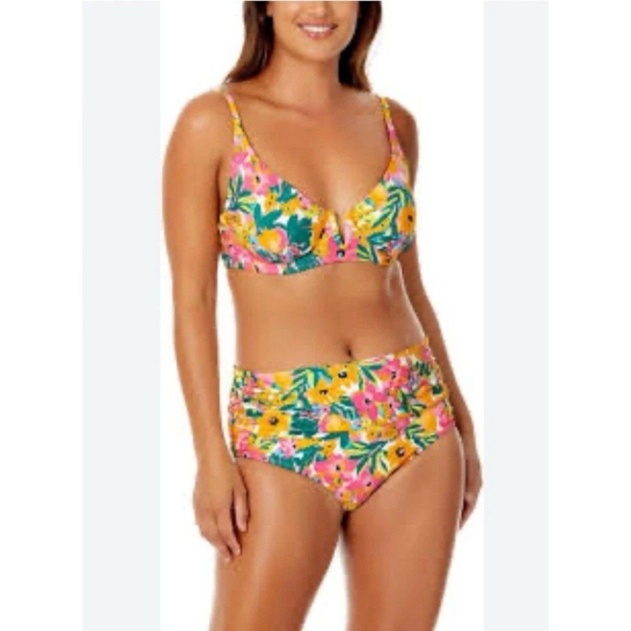 Anne Cole V-Wire Floral Bikini Top &  Convertible Bottom -Pink, Yellow, Green 2X