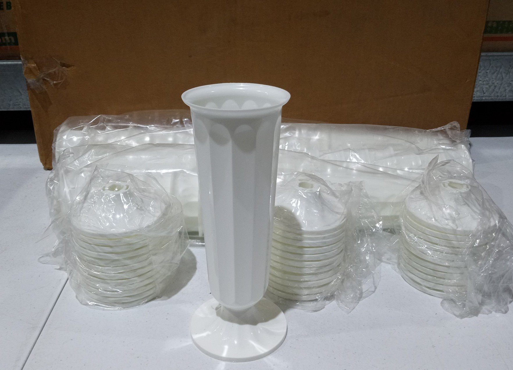 Lot of 72 Brand New White Plastic Vases with Detachable Base, Memorial Vase