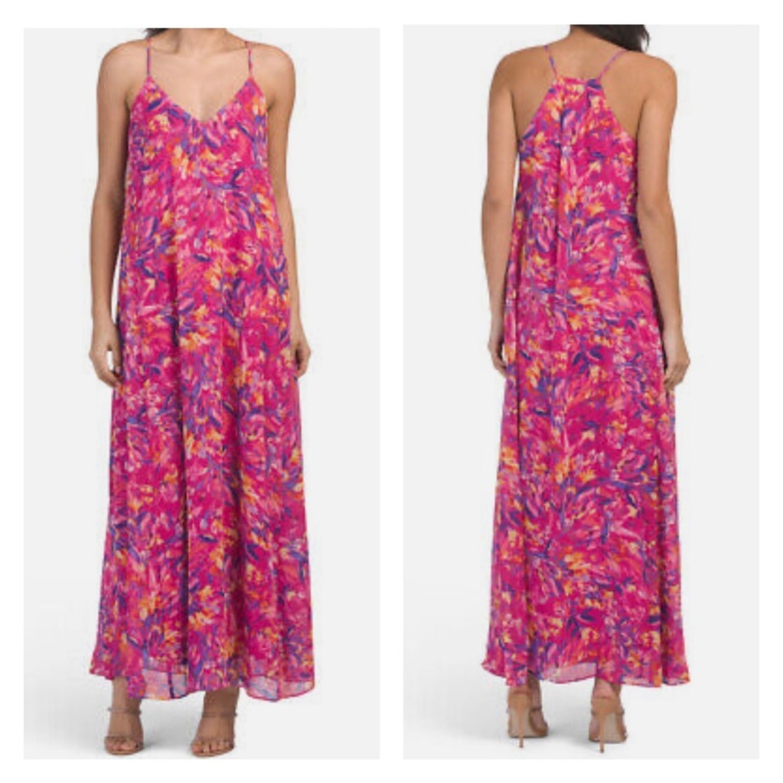 Nicole Miller Women's M Floral Charmeuse Satin Slip Maxi Dress Racerback Pockets