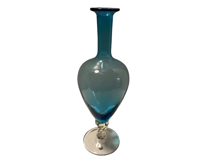 Vintage Blue and Clear Twisted Pedestal Glass Vase Italy