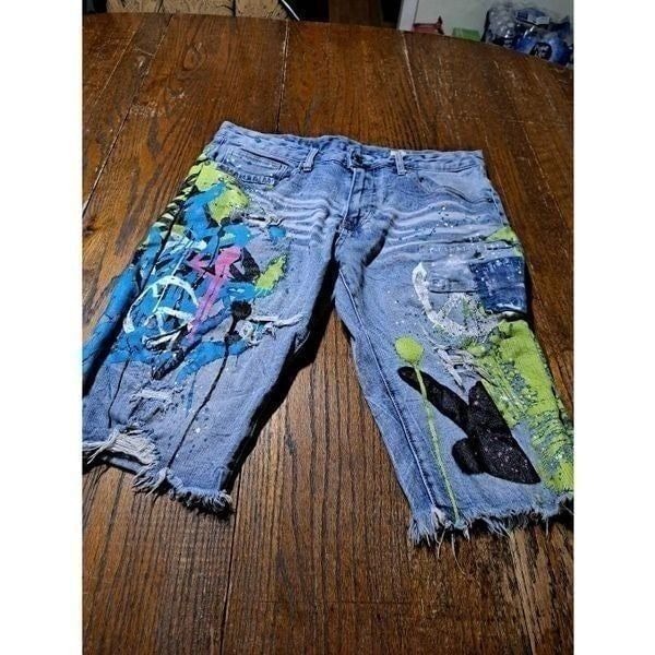 Size 34 Smoke Rise Graffiti Distressed Destroyed Denim Jean Shorts Streetwear