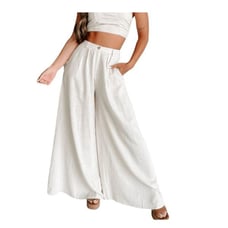 Aakaa Making Life Easy Wide Leg Dress Pants Oatmeal Linen Blend High Waisted Lin