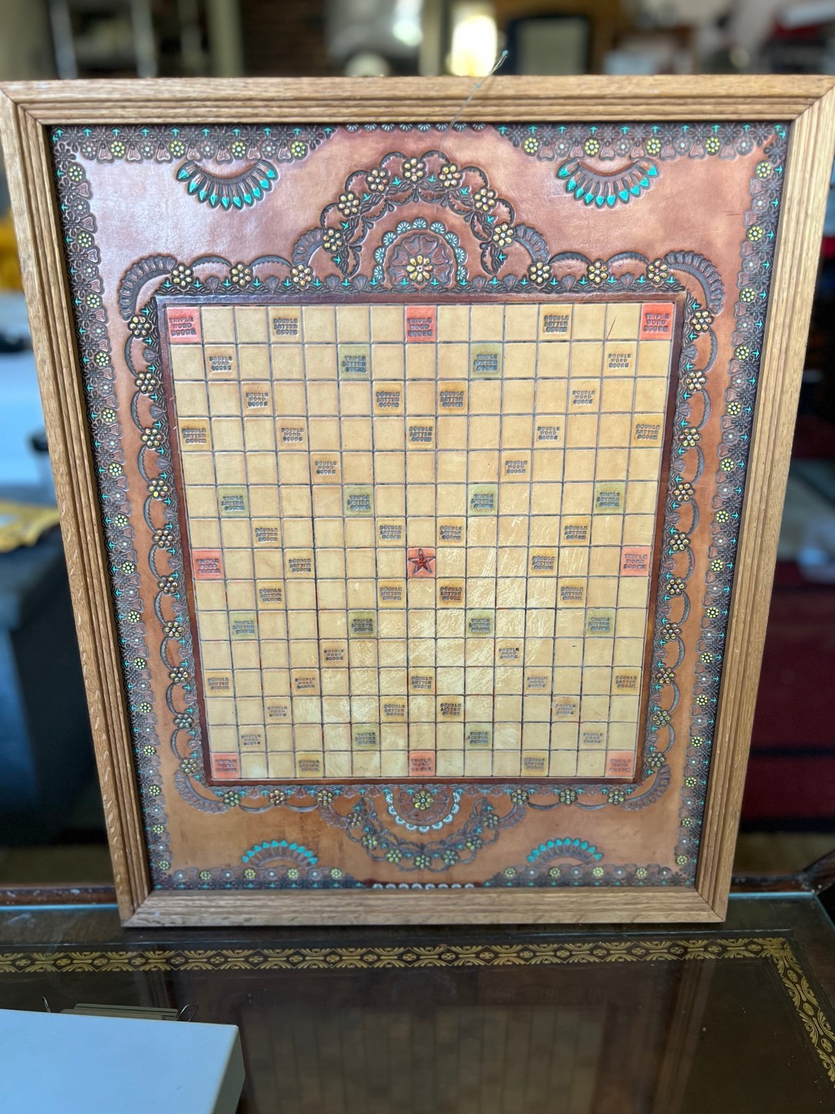 Vintage Framed Handmade Leather stamped Scrabble Wall Art Board 17x18 Felt Back