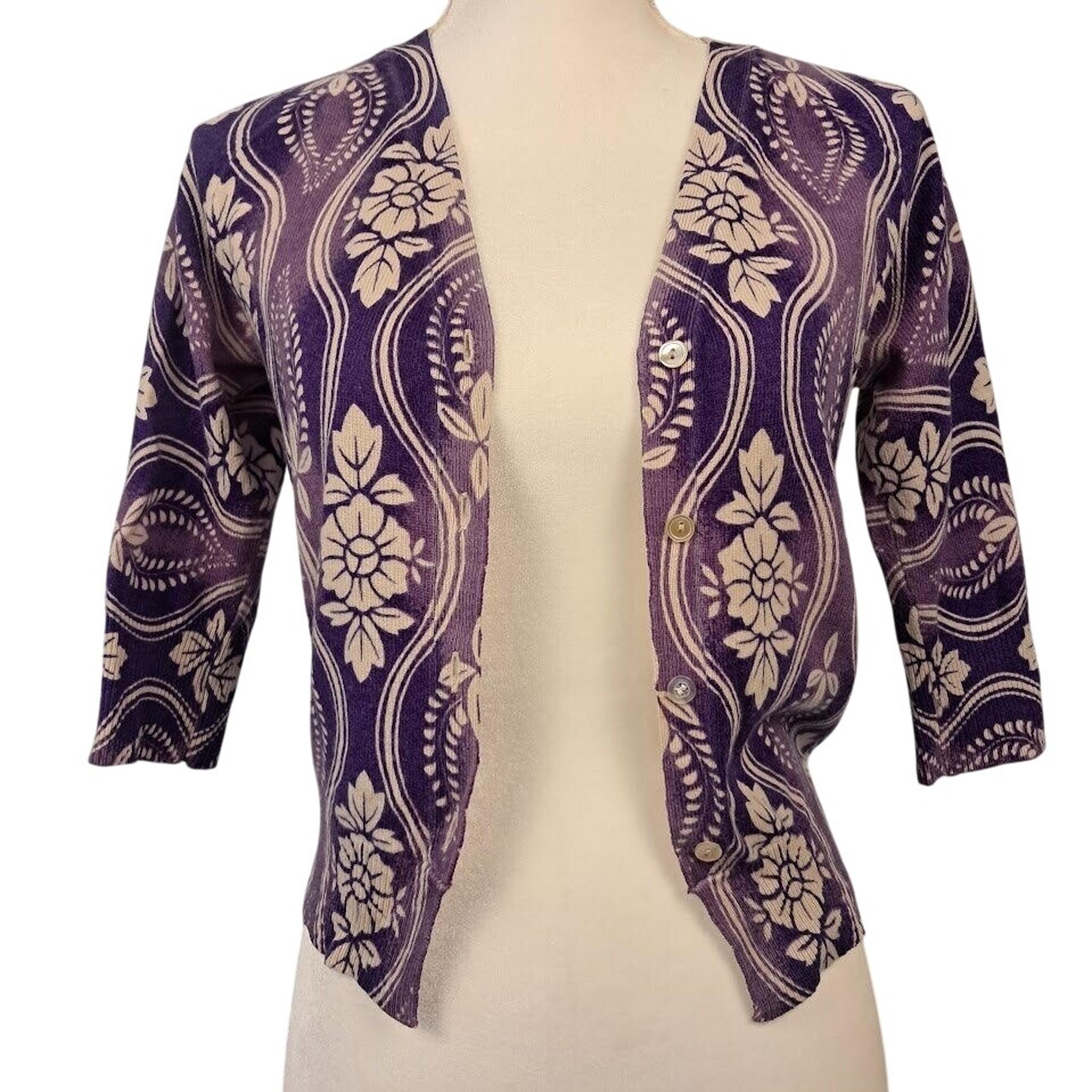 Vintage LUCKY BRAND XS/S Cashmere Cropped Cardigan Purple Floral Elbow Sleeve