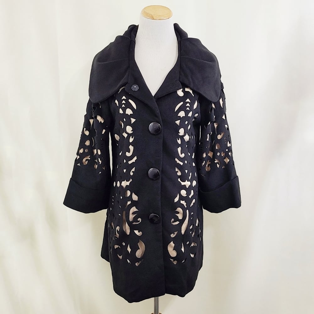 Ryu lace cutout peacoat black layered shawl collar Modcloth size large