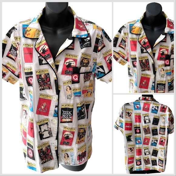 Playbill Short Sleeve Button Up V-Neck Shirt Pattern Of Playbills Women’s M