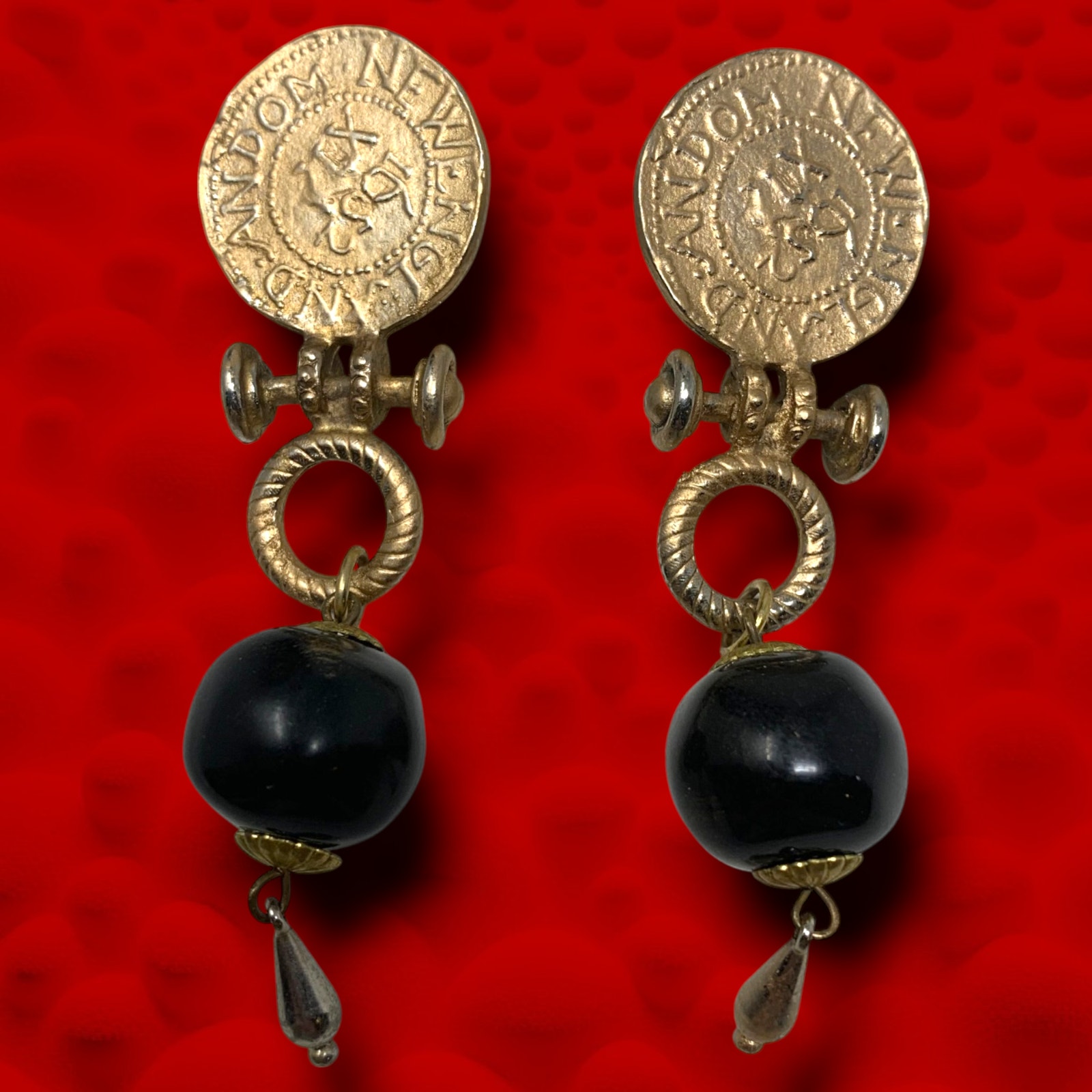 Vintage 1980's Carol Dauplaise Etruscan Coin Dangle Earrings Pierced Mogul
