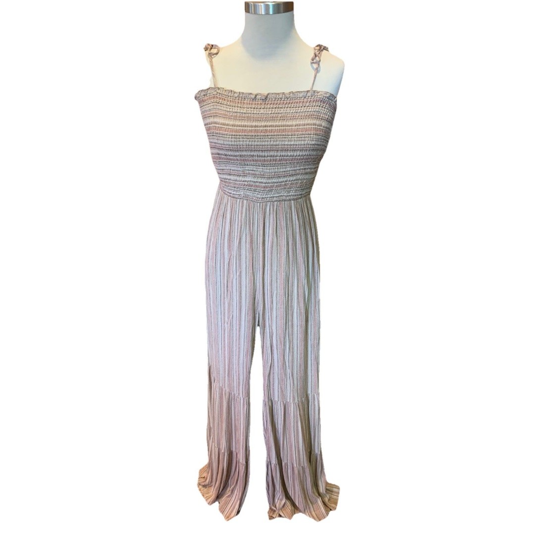 Wisteria Lane Boho Multi Flared Jumpsuit Peach Medium Bell Bottom Festival Hippy