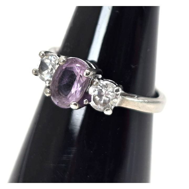 Amethyst & White Topaz Sterling Silver Ring Size 5.75 Elegant Oval Cut LI647