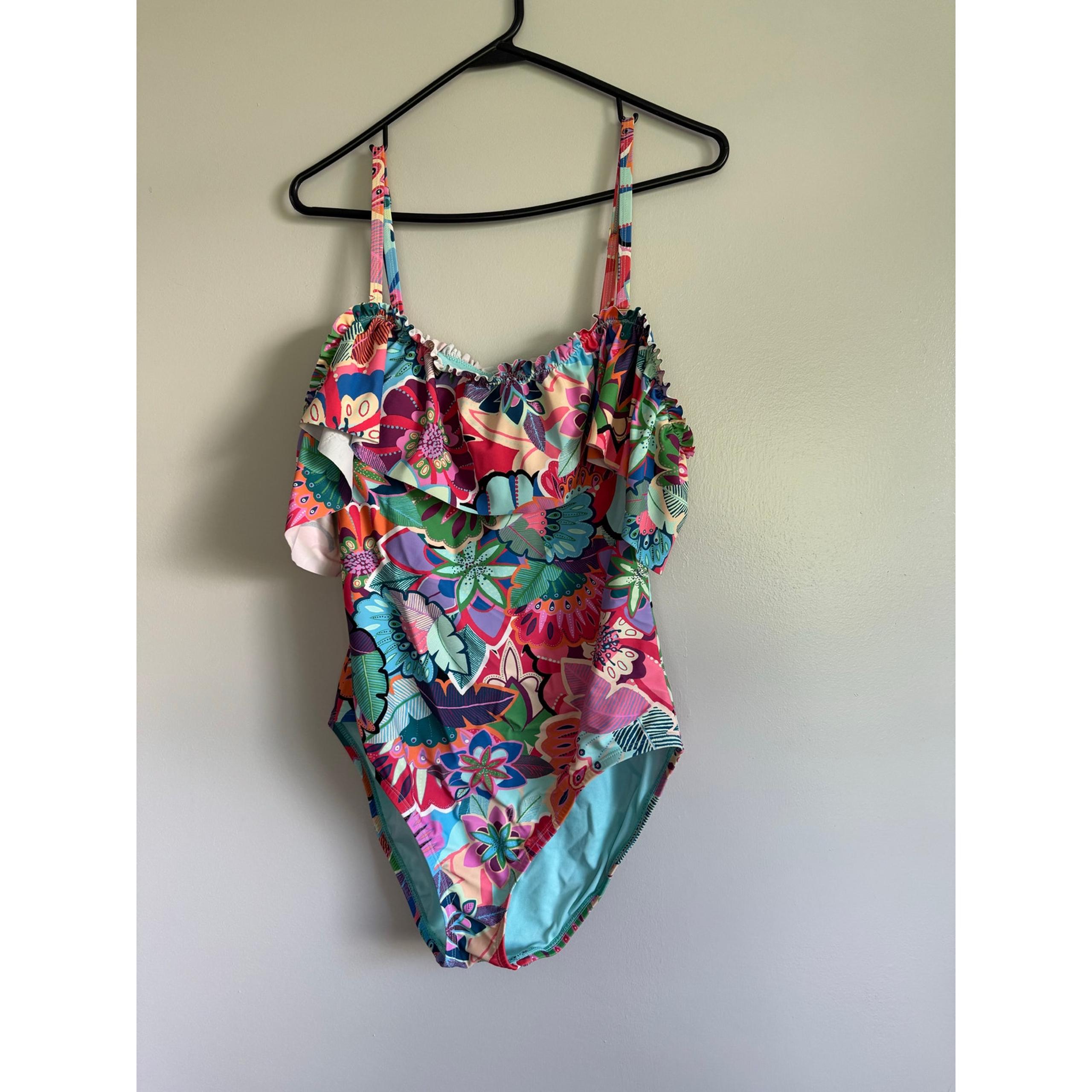 Bleu Rod Beattie, ruffles off shoulder, one piece swim multicolored