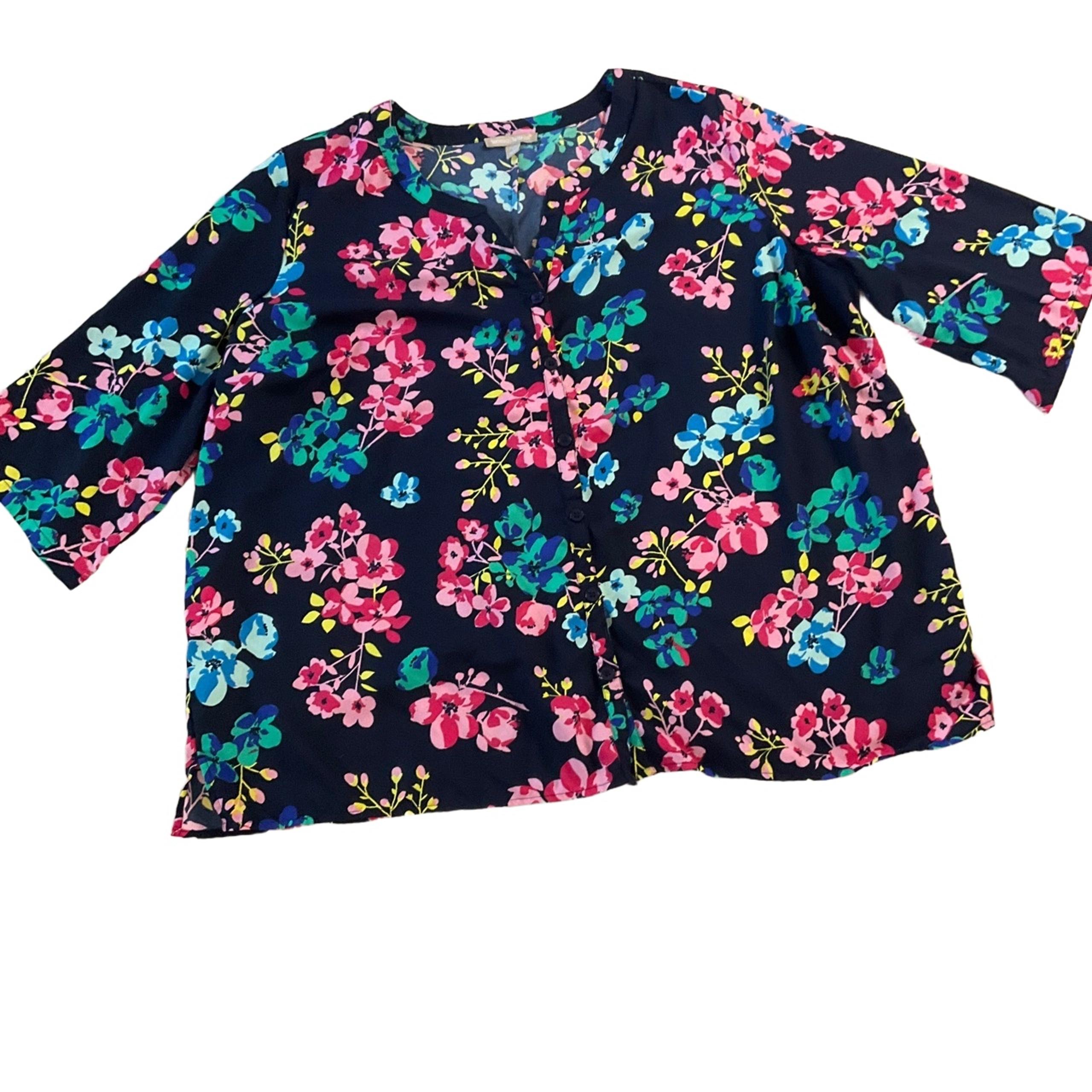 Woman Within Navy Blue Floral 3/4 Sleeve  VNeck Stylish Blouse Size 22/24 1x
