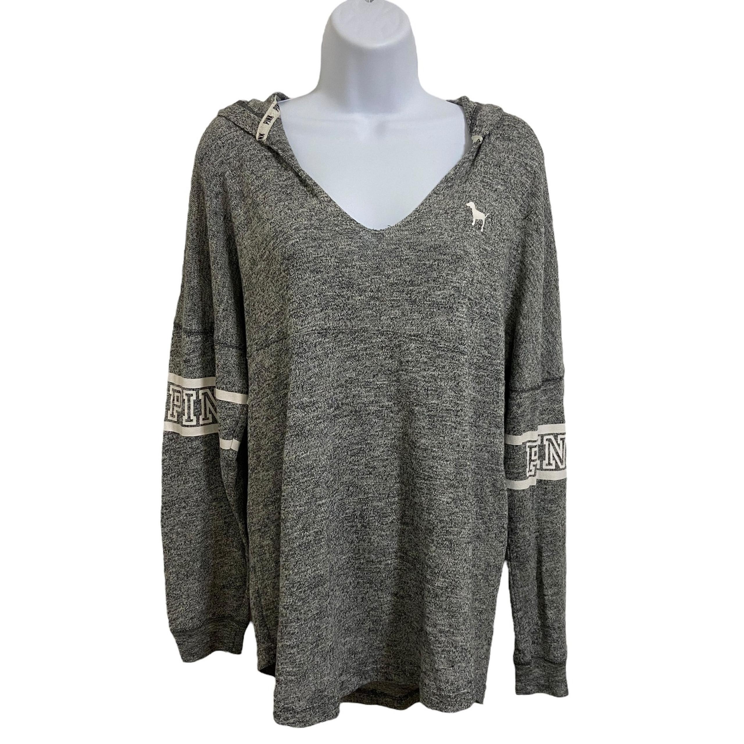 PINK Victoria's Secret Y2K 90's Hoodie V-Neck Long Sleeve Pullover Top Gray M