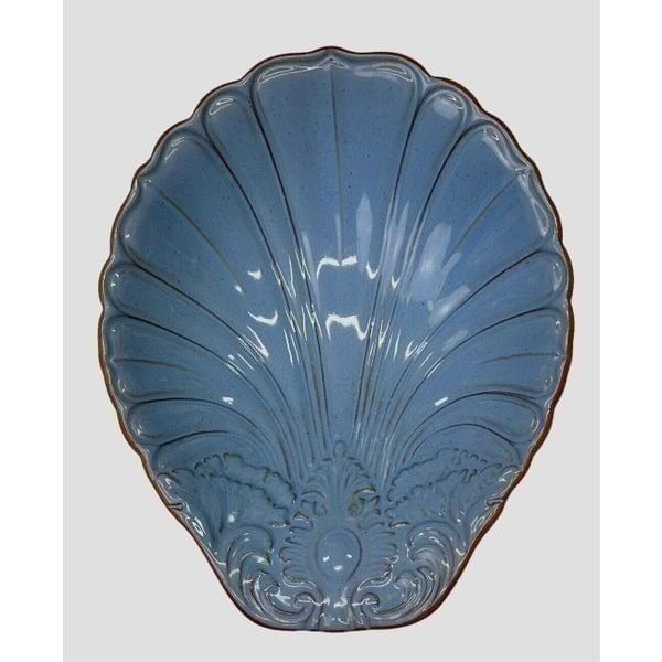 Vintage Loneoak & Co Pottery Terracotta Shell Serving Bowl Blue Glaze Dish 8x10
