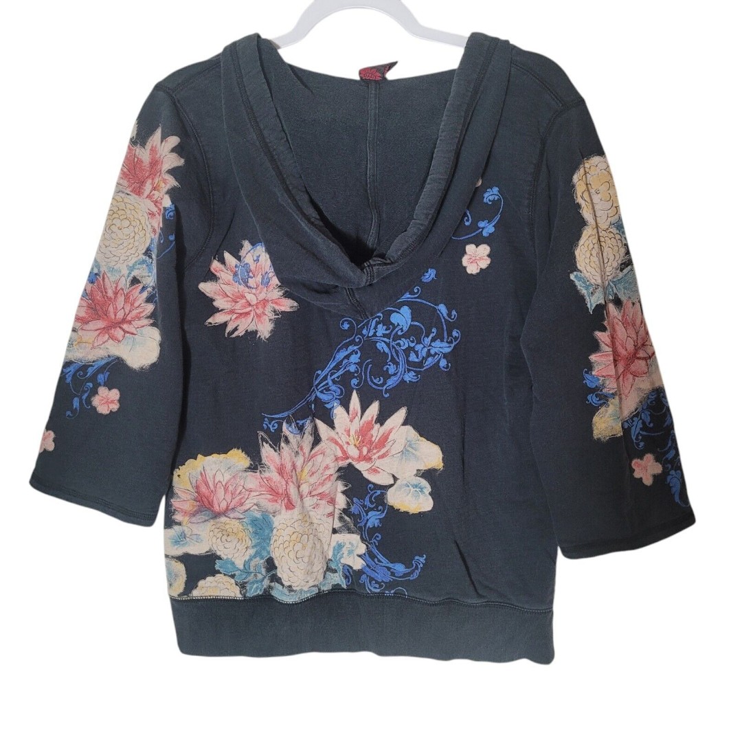 Vintage Lucky Brand Hoodie Sweatshirt Women's Size Large Deep V Asian Lotus Y2K