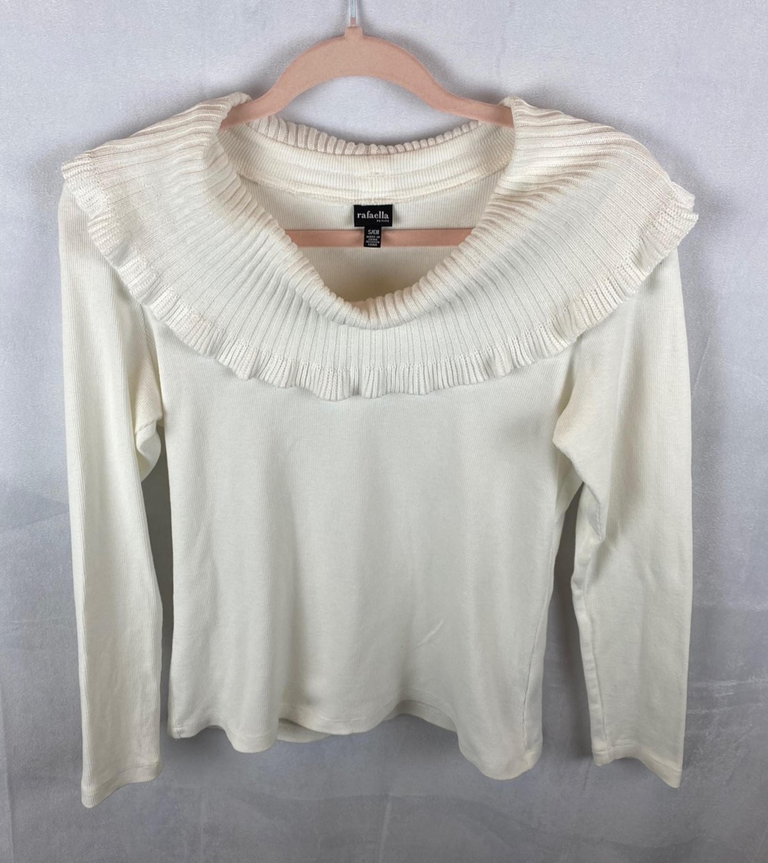 Rafaella Petite White Knit Sweater With Scoop Ruffle Collar Women's Size S/CH