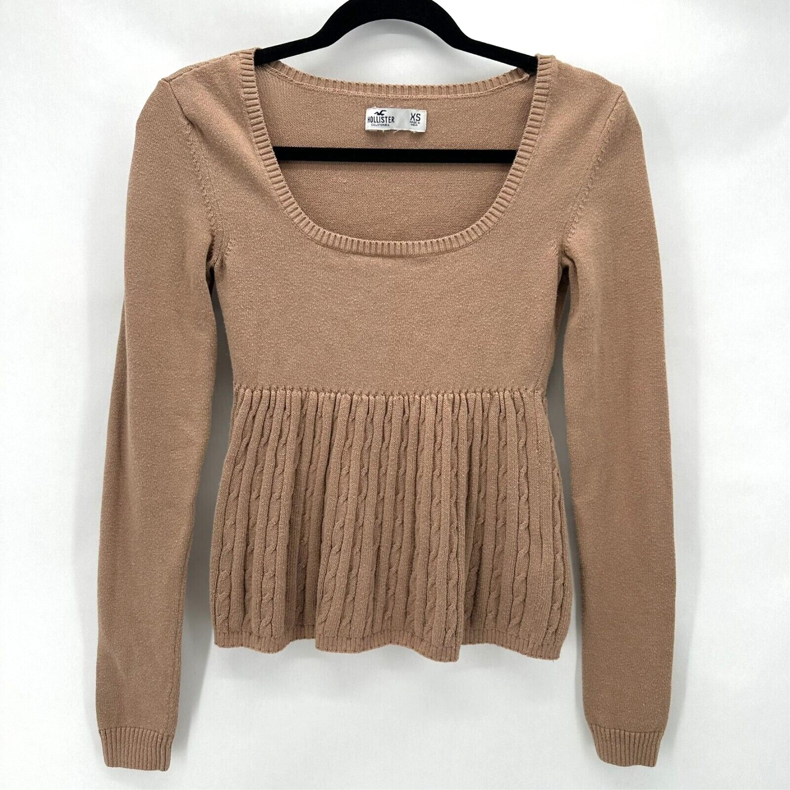 Hollister Y2K Cable Knit Babydoll Sweater Size XS Scoop Neck Brown Grunge 90s