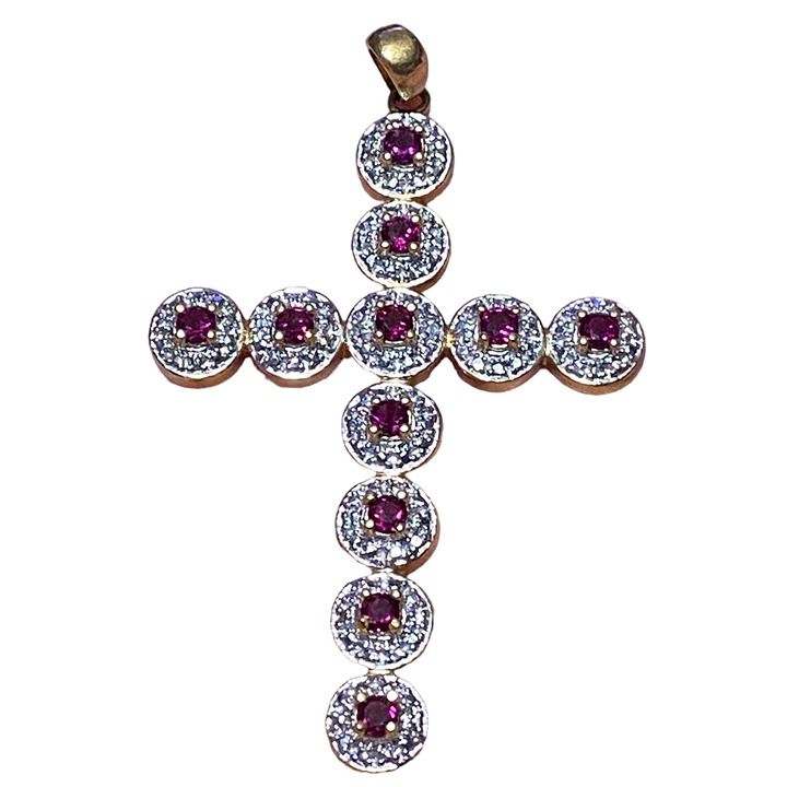 Pendant Cross Garnet CZ Sterling Silver 925 Semi-Precious Stone