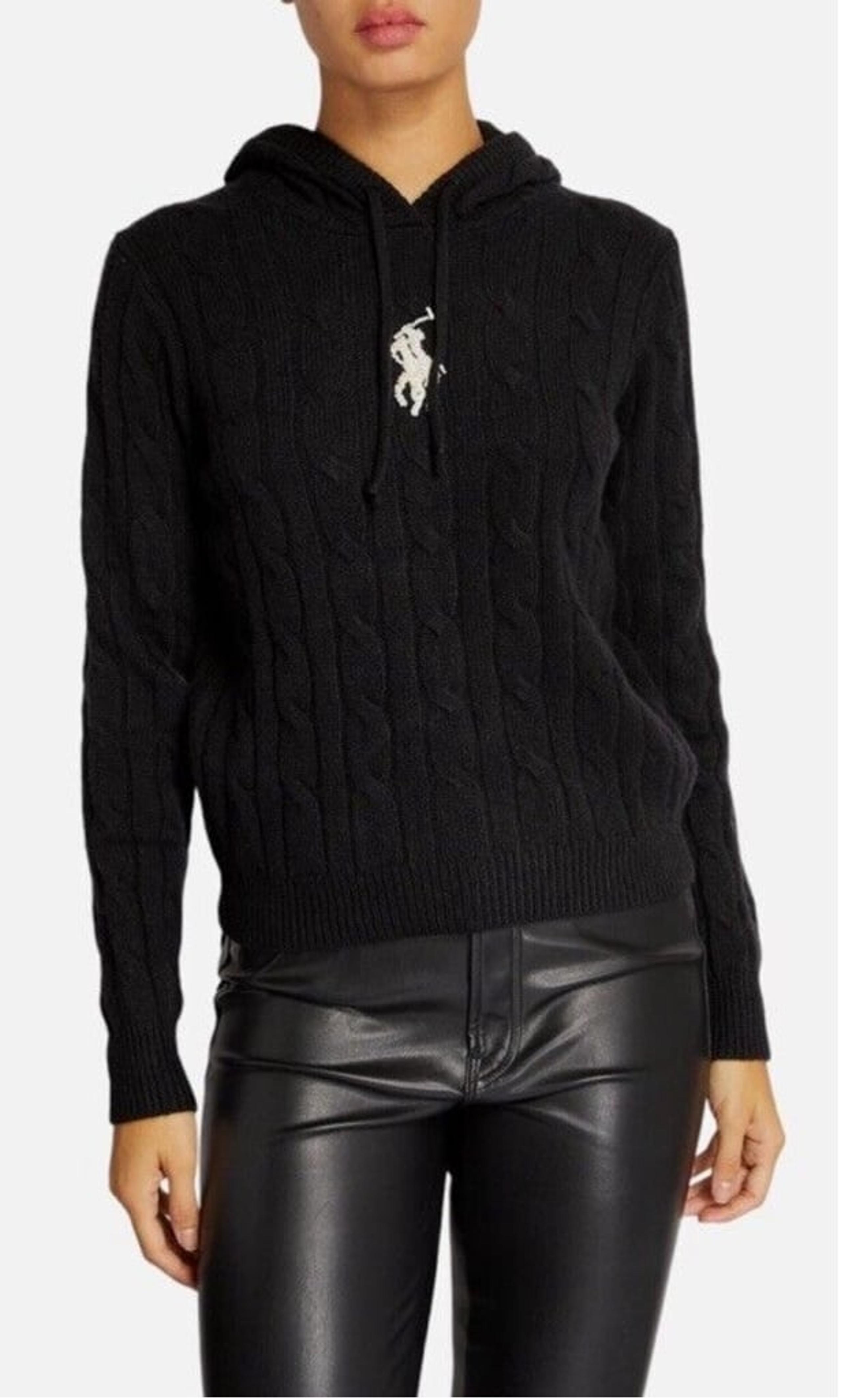 Polo Ralph Lauren Cashmere Wool Big Pony Sweater Hoodie Med Women Black Beaded